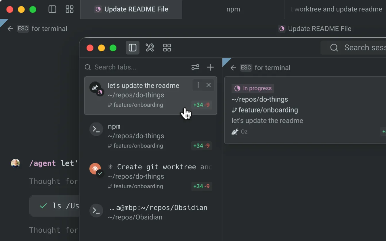 Vertical tab rows in expanded mode showing titles, working directories, Git branches, diff stats, and agent status badges